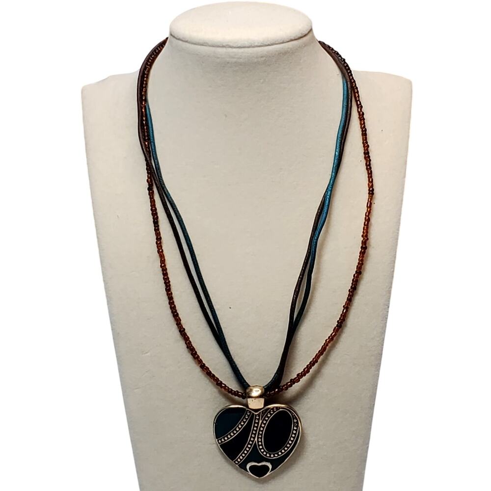 Multi Strand Beaded Necklace Heart Pendant Unsigned 16"